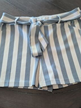 NYC Blue & White Vertical Stripe High-Waist Tie Shorts
